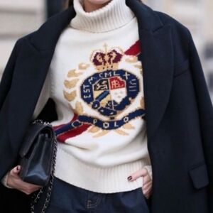 Polo Ralph Lauren Intarsia Crest Wool Turtleneck Sweater Cream Off-White XS
